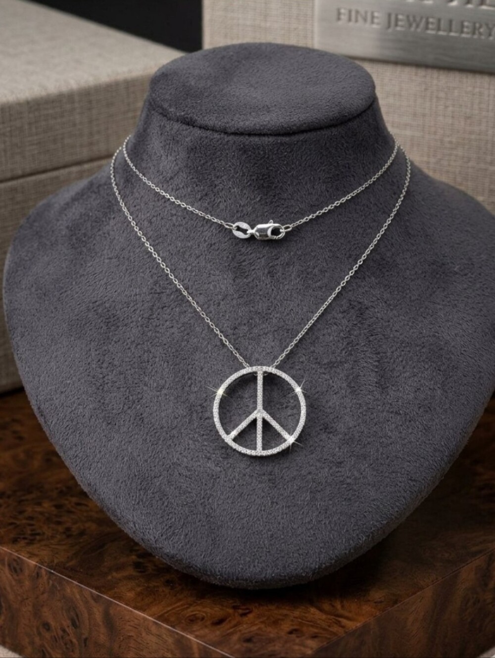 14kt White Gold Diamond Peace Sign Necklace